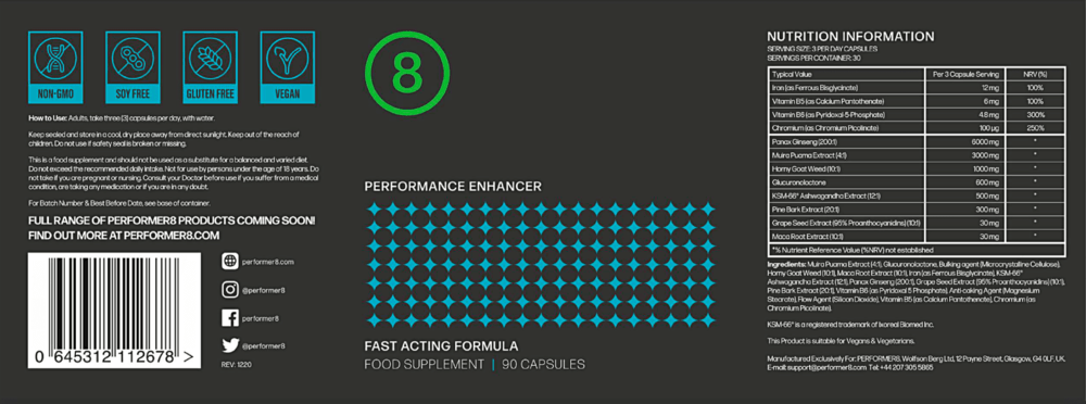 Performer 8 Ingredients label
